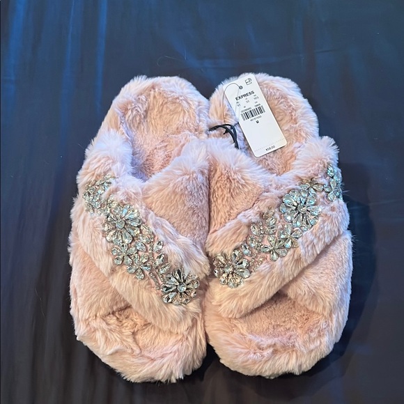 Express Faux Fur Slippers with Rhinestone Detail - Picture 1 of 4